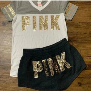 VS PINK BLING EVERYDAY TSHIRT/RETRO
SHORTS  OUTFIT SET S